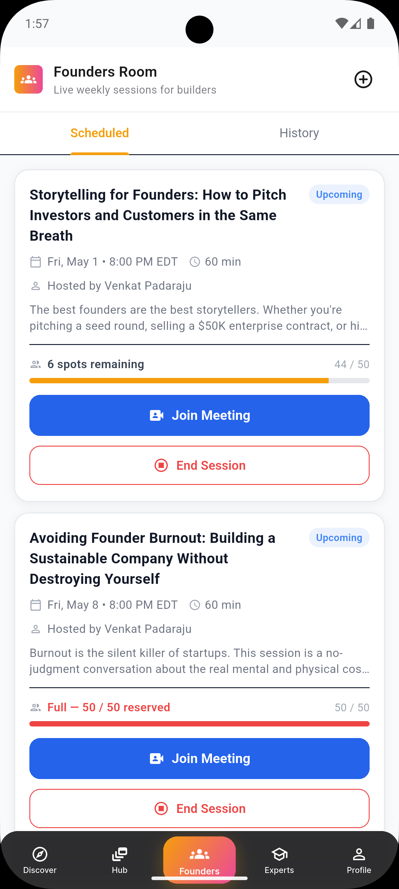 Live Founders Room — join real-time conversations with other founders