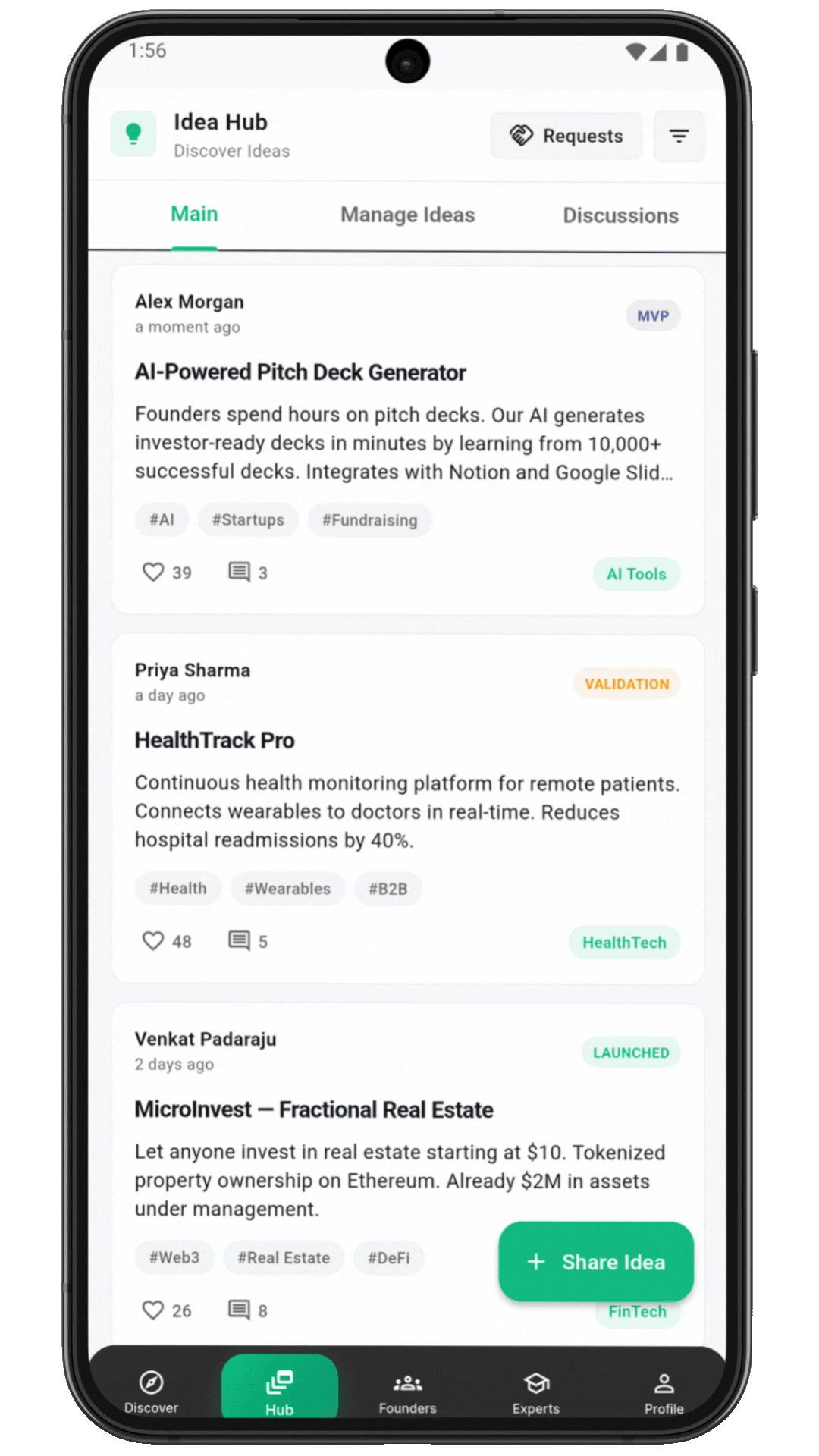 Venturoo Idea Hub showing startup idea post and collaborators