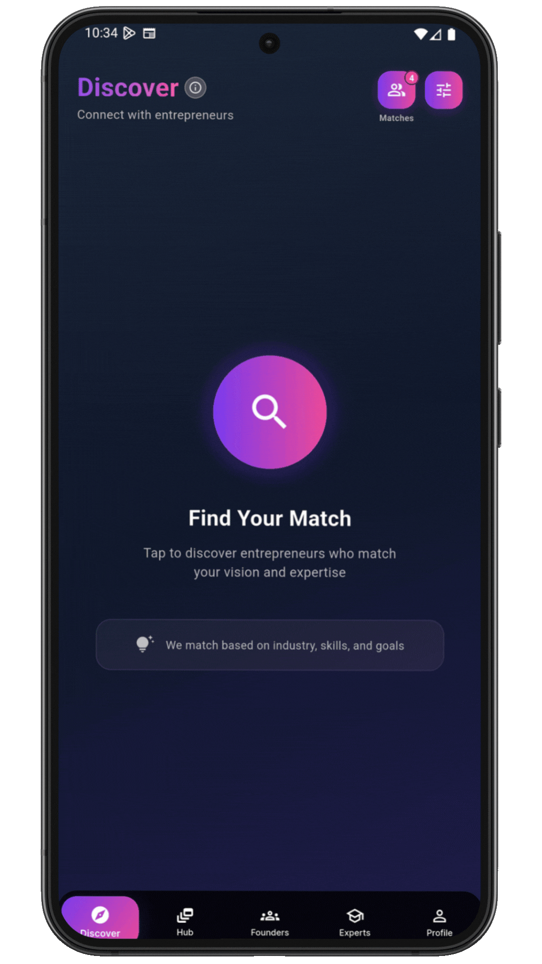 Venturoo app showing entrepreneur matching screen